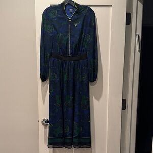 Ted Baker Navy & Green Long Sleeve Printed Midi Dress
